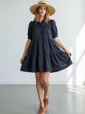 Umgee NWT Navy Tiered Babydoll Dress Puff Sleeve Mini Sz S